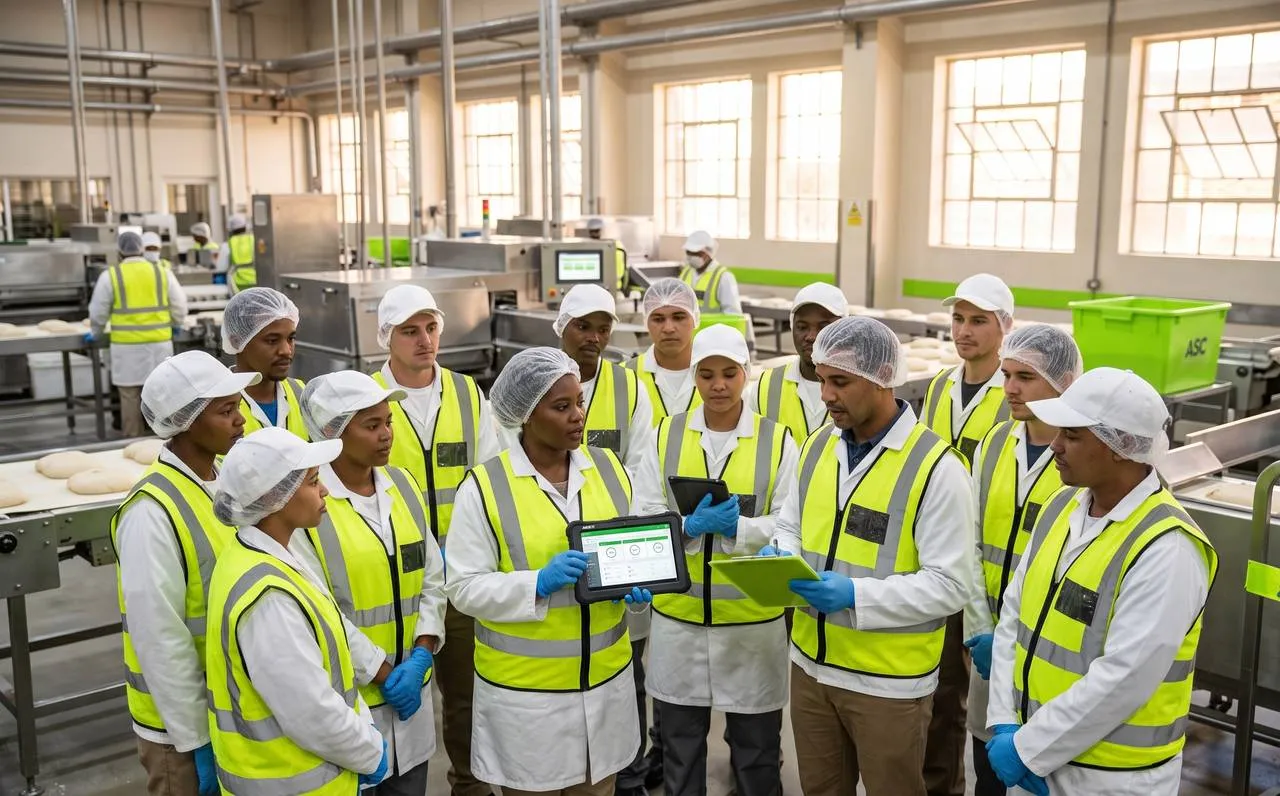A shift team in a South African bakery gathered around a supervisor showing the ASCloud completion dashboard on a tablet