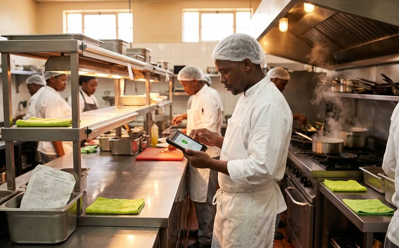 Chef capturing digital kitchen checks on a tablet