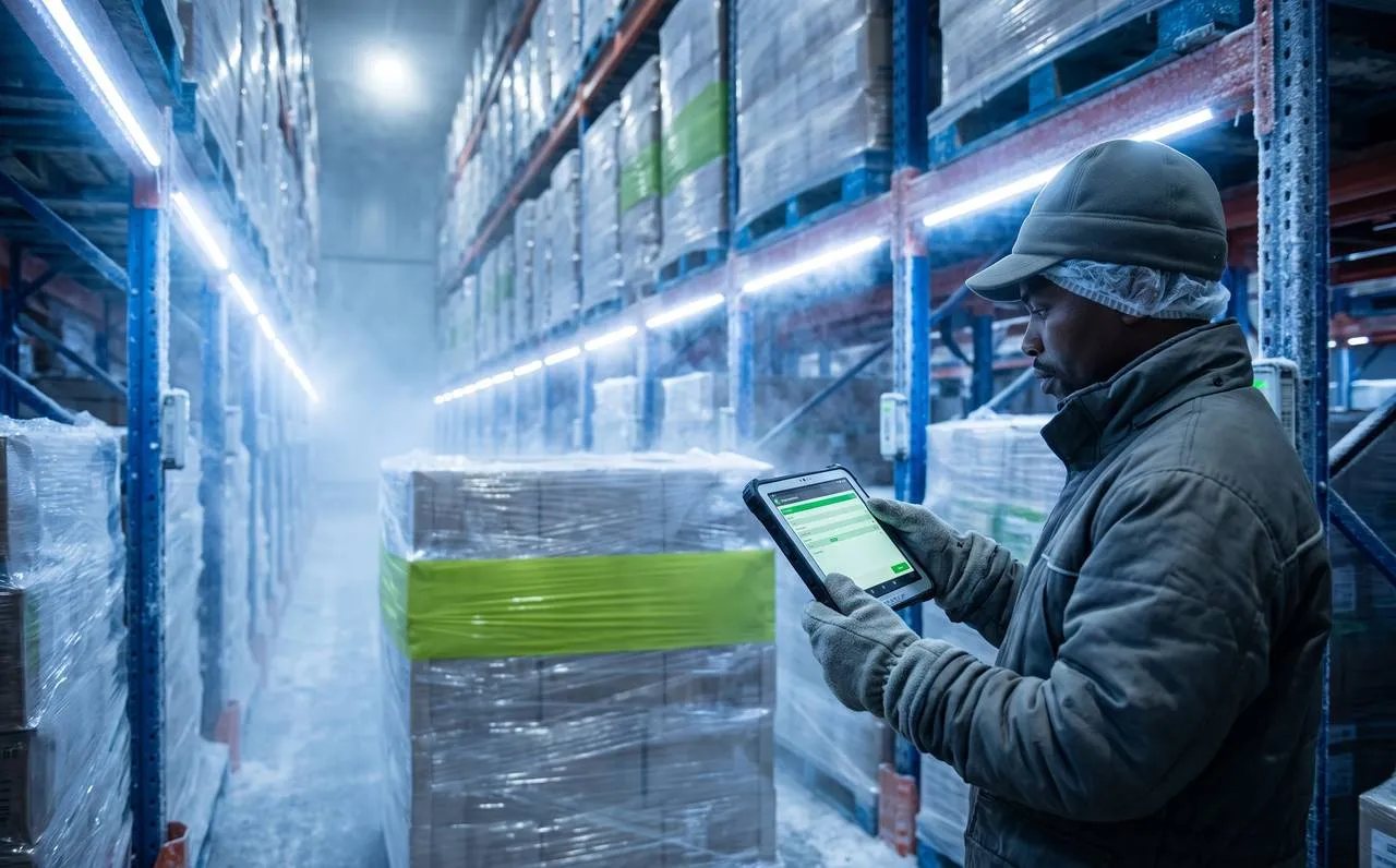 Cold store controller capturing a temperature round on a rugged tablet between frozen racking