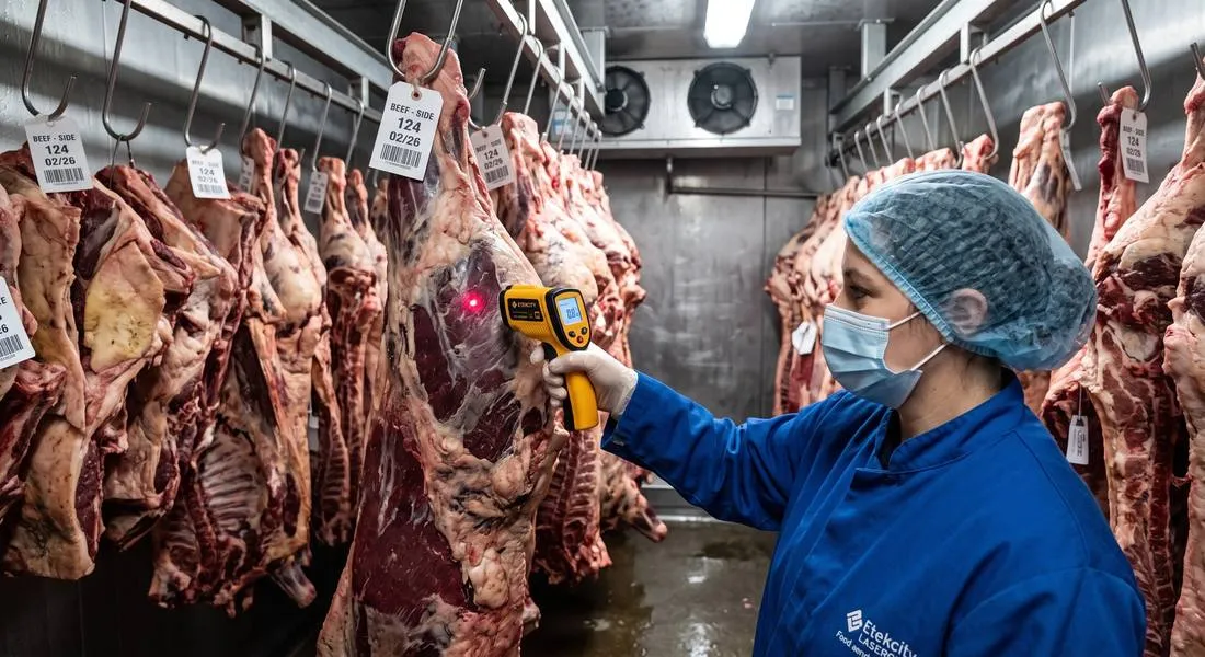 Food handler checking cold room temperature with an infrared thermometer