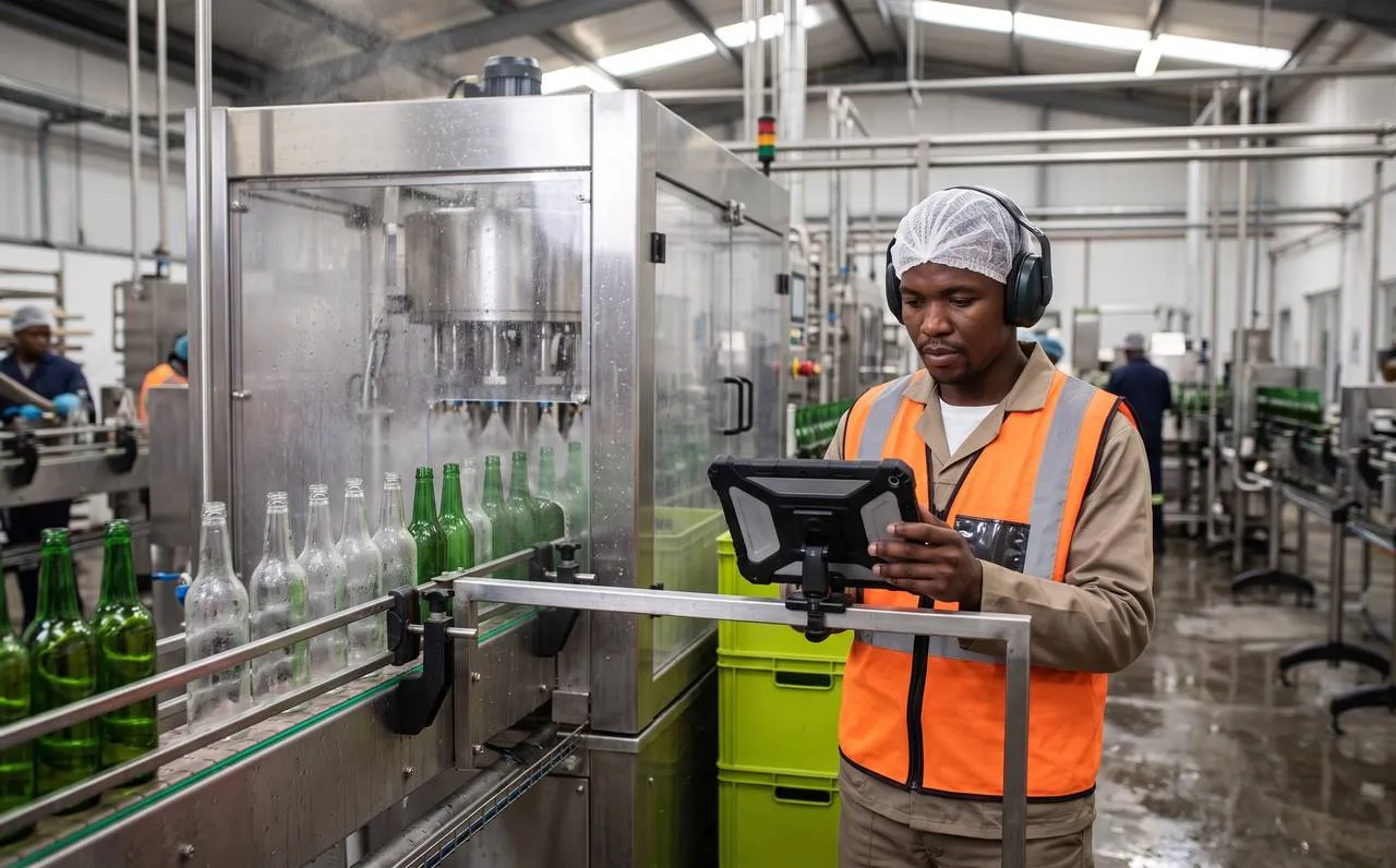 Operator checking filler verification records on a rugged tablet beside a bottling line