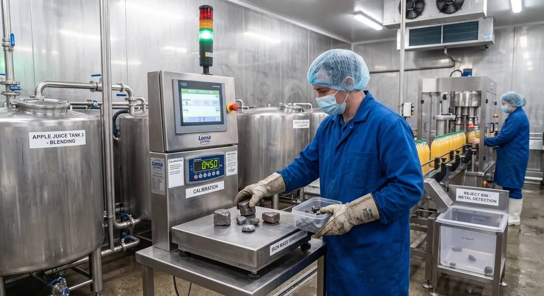 Operator verifying a metal detector with certified test pieces on a juice bottling line