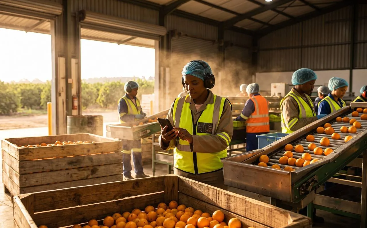 Packhouse supervisor recording a packline inspection on a phone during citrus grading