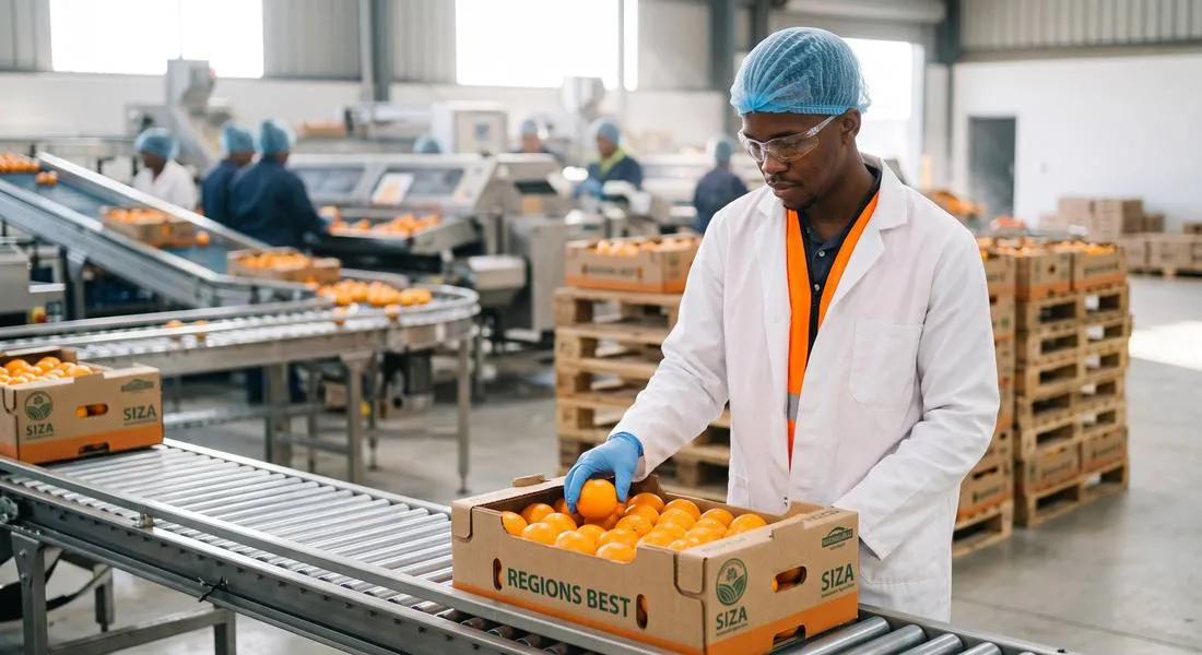 Packhouse worker checking citrus in a SIZA marked carton on a packing line