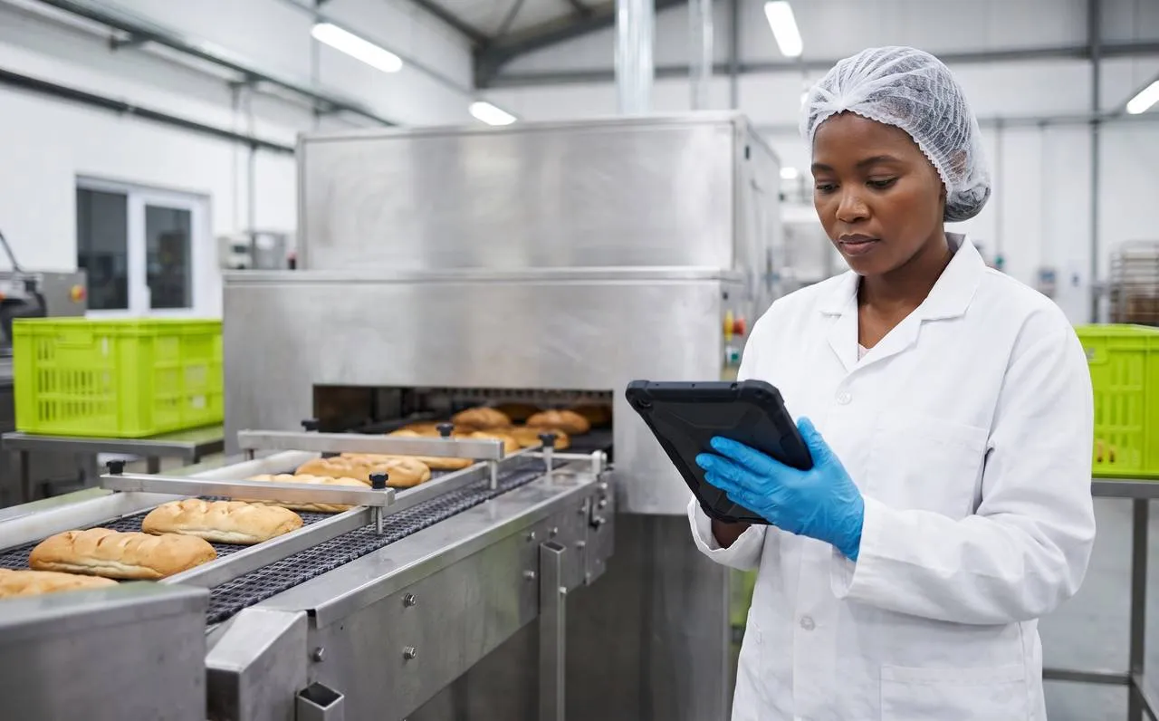 Quality controller capturing a digital CCP check on a tablet beside a bread production line