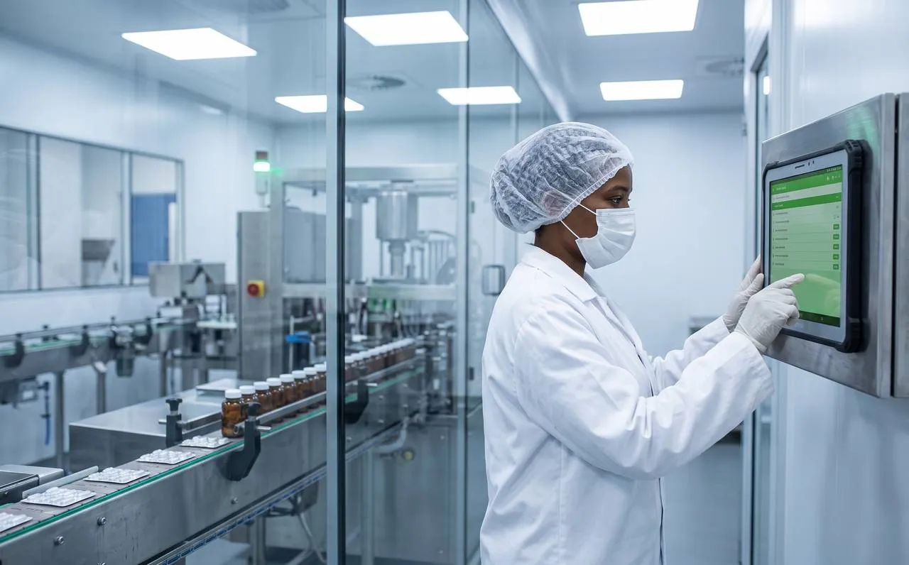 Technician approving a digital batch record on a wall-mounted touchscreen in a GMP cleanroom