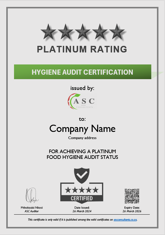 Hygiene Audit Certificate - Platinum Rating Hygiene Audit Certificate - Platinum Rating