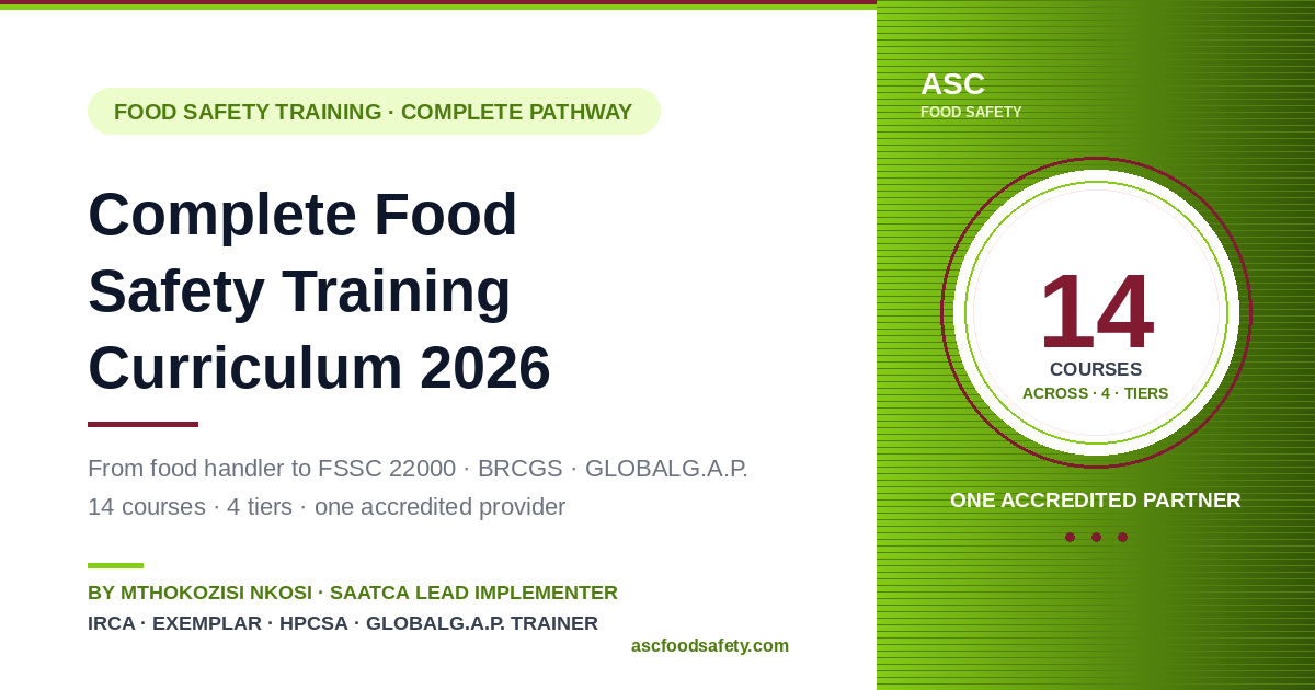 Complete Food Safety Training Curriculum 2026 cover — ASC's 14-course pathway across 4 tiers from Food Handler training through GMP, HACCP, FSSC 22000, BRCGS Issue 9, GLOBALG.A.P. and specialised courses including Food Defence, Food Fraud and Food Microbiology, by Mthokozisi Nkosi, SAATCA Lead Implementer at ASC Food Safety Consultants