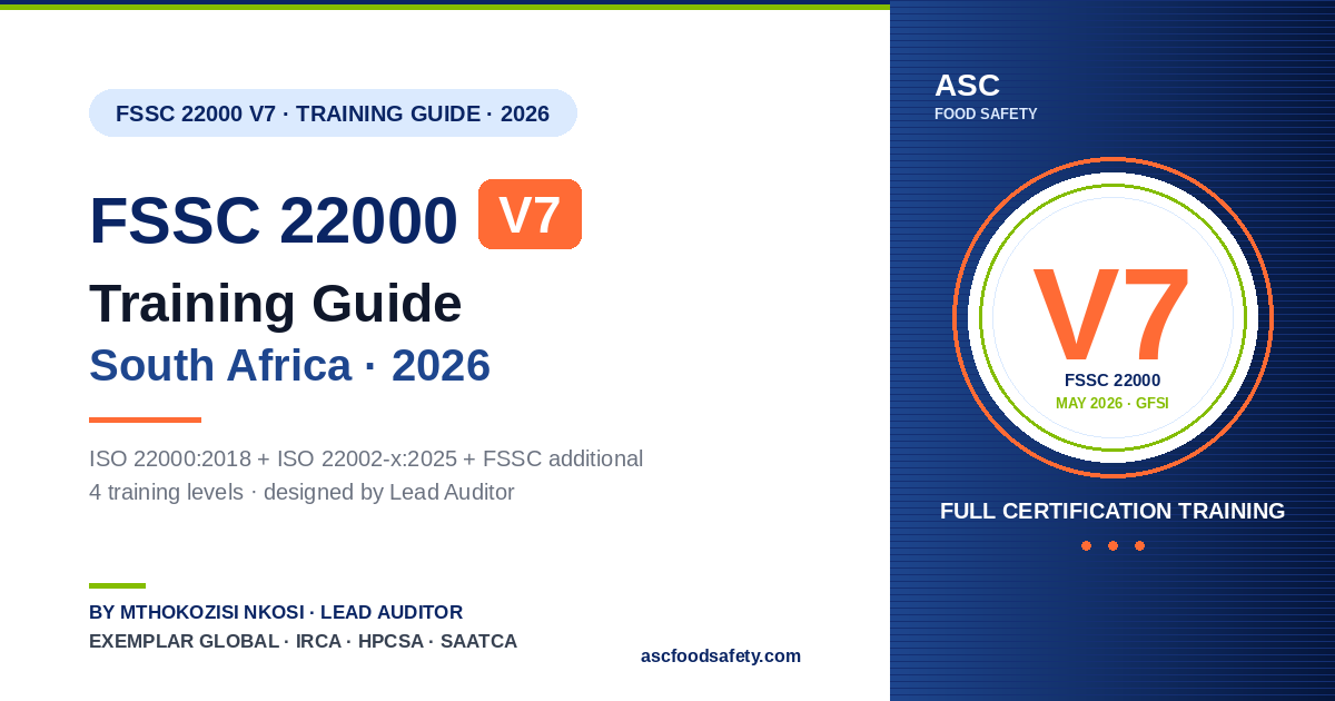 FSSC 22000 V7 Training in South Africa cover — 4-level FSSC 22000 V7 implementation training (Awareness, Implementation, Internal Auditor, Lead Auditor) covering ISO 22000 plus ISO/TS 22002 plus FSSC additional requirements, designed by Mthokozisi Nkosi, Lead Auditor registered with Exemplar Global and IRCA at ASC Food Safety Consultants