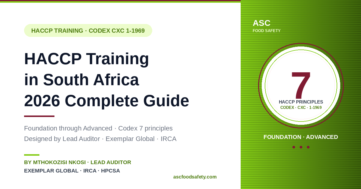 HACCP Training in South Africa 2026 Complete Guide cover — Codex CXC 1-1969 7 HACCP principles, Foundation through Advanced HACCP training designed by Mthokozisi Nkosi, Lead Auditor registered with Exemplar Global and IRCA at ASC Food Safety Consultants