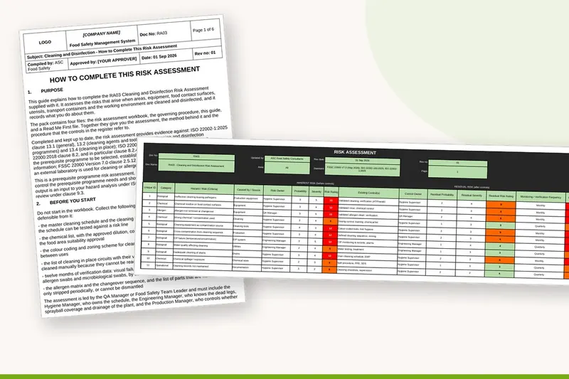 The Cleaning and Disinfection risk register and completion guide from the pack