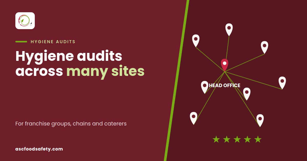 Group hygiene audit programme graphic showing one checklist feeding scores from many restaurant, retail and canteen sites into a single dashboard