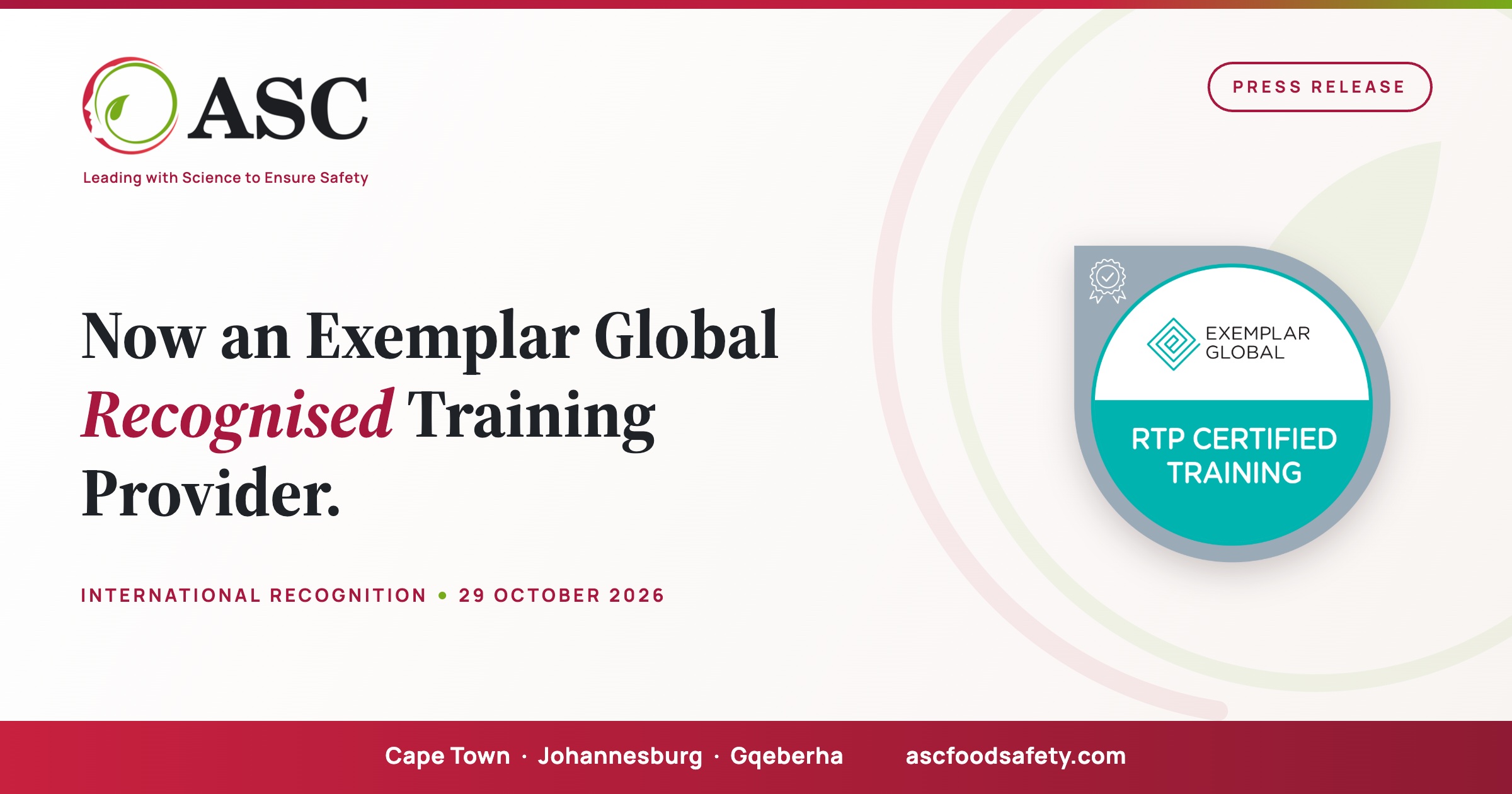 ASC Food Safety Consultants now an Exemplar Global Recognised Training Provider, with the RTP Certified Training badge