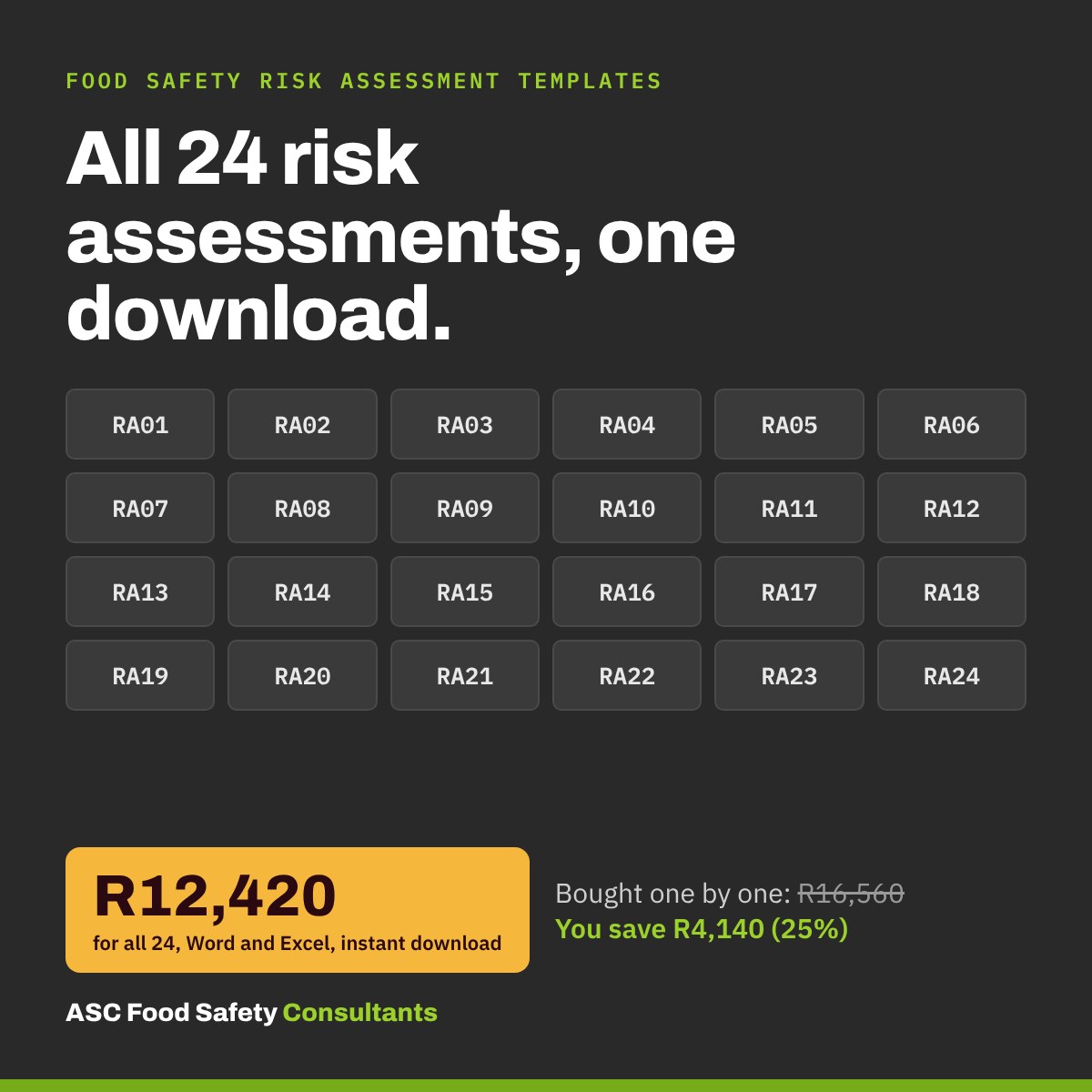 All 24 food safety risk assessment templates bundle, R12,420, save 25%