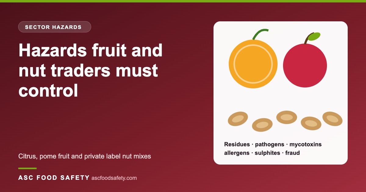 Fresh citrus and apples beside a dried fruit and nut mix, illustrating the hazards covered by the ASC TK18 IFS Broker toolkit